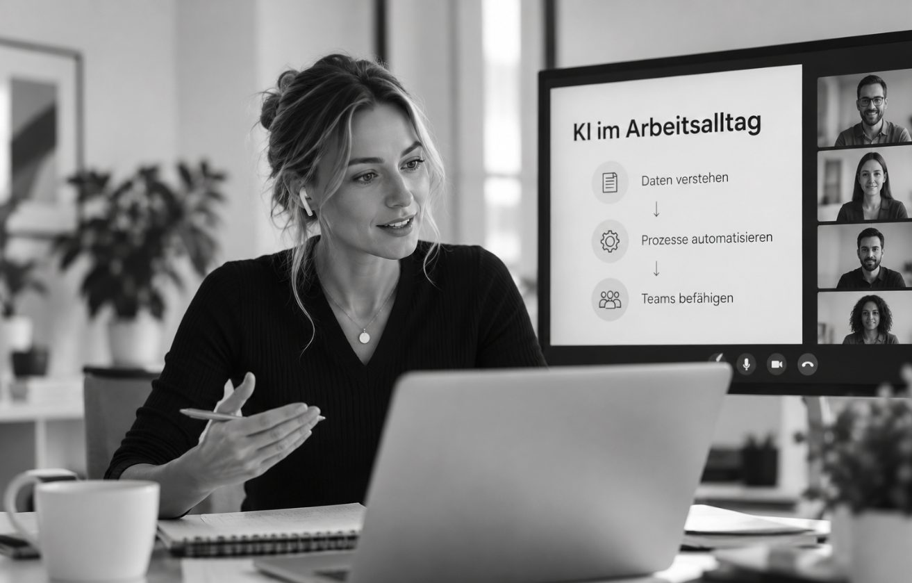 KI-Workshop per Videokonferenz: Eine Trainerin erklärt „KI im Arbeitsalltag“ – Daten verstehen, Prozesse automatisieren, Teams befähigen.