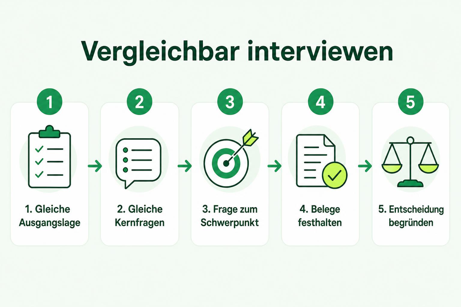 Interviewablauf von einer gemeinsamen Ausgangslage über Kern- und Schwerpunktfragen bis zur begründeten Entscheidung.