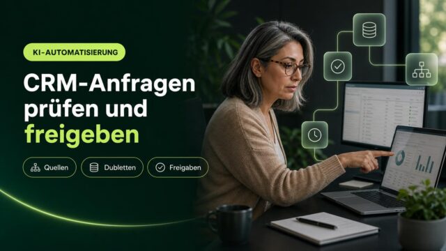 Eine Mitarbeiterin prüft Kundenanfragen und mögliche CRM-Dubletten am Arbeitsplatz; Symbole zeigen Quellen, Freigabe und Zeitmessung.