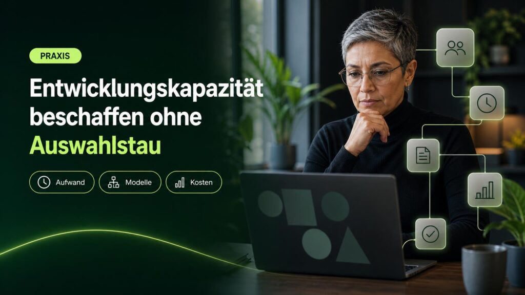 Eine IT-Leiterin vergleicht am Arbeitsplatz Beschaffungsoptionen für Entwicklungskapazität; Symbole zeigen Team, Zeit, Dokument, Kosten und Entscheidung.