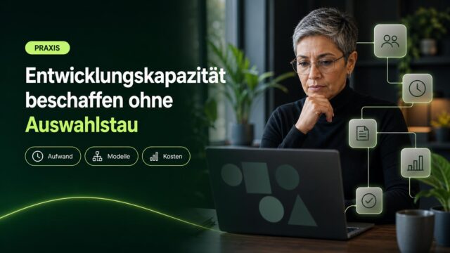 Eine IT-Leiterin vergleicht am Arbeitsplatz Beschaffungsoptionen für Entwicklungskapazität; Symbole zeigen Team, Zeit, Dokument, Kosten und Entscheidung.
