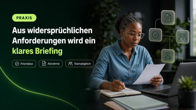 Eine Produktverantwortliche ordnet Anforderungen am Arbeitsplatz; Symbole für Dokument, Prüfung, Team, Ablauf und Abstimmung begleiten die Szene.