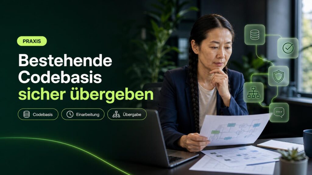 Eine IT-Verantwortliche prüft am Arbeitsplatz einen Übergabeplan; Symbole für Codebasis, Prüfung, Schutz, Ablauf und Abstimmung ergänzen die Szene.