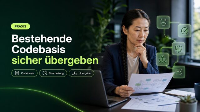 Eine IT-Verantwortliche prüft am Arbeitsplatz einen Übergabeplan; Symbole für Codebasis, Prüfung, Schutz, Ablauf und Abstimmung ergänzen die Szene.