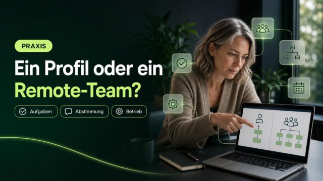 Eine IT-Verantwortliche vergleicht am Arbeitsplatz ein Einzelprofil mit einem Remote-Team; Symbole stehen für Aufgaben, Abstimmung und Betrieb.