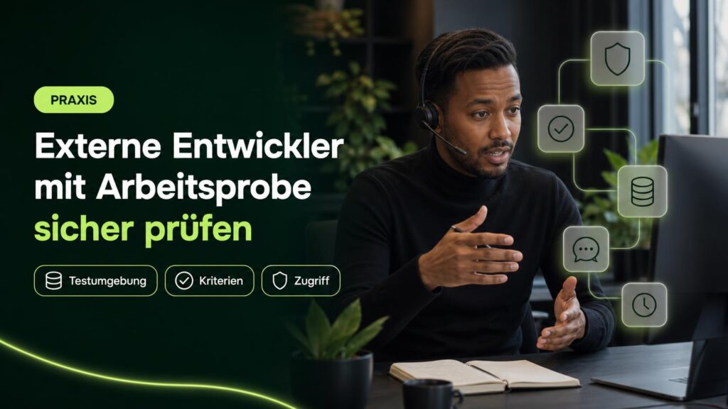 Eine IT-Verantwortliche prüft am Arbeitsplatz eine Arbeitsprobe; Symbole stehen für Testumgebung, begrenzten Zugriff und Bewertung.
