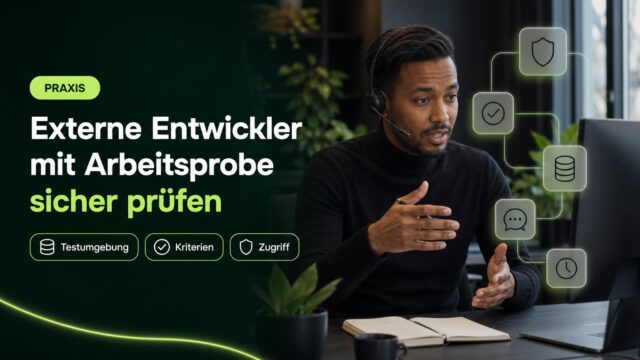 Eine IT-Verantwortliche prüft am Arbeitsplatz eine Arbeitsprobe; Symbole stehen für Testumgebung, begrenzten Zugriff und Bewertung.