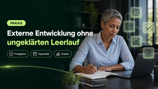 Eine Operations-Managerin prüft die Einsatzplanung am Schreibtisch; Symbole für Zeit, Kalender, Freigaben, Kosten und Vertrag ergänzen die Szene.