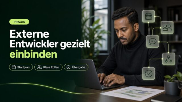 Eine IT-Leiterin plant am Arbeitsplatz das Onboarding eines externen Entwicklers; Kalender-, Team-, Chat-, Ablauf- und Häkchen-Symbole stehen für die Abstimmung.