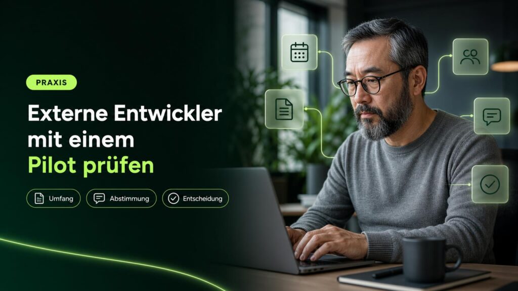 Eine IT-Leiterin plant am Arbeitsplatz einen Pilot mit externen Entwicklern; Symbole zeigen Zeitfenster, Arbeitspaket, Zusammenarbeit und Entscheidung.