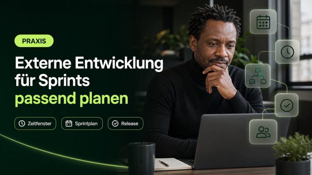 Eine IT-Leiterin plant am Arbeitsplatz feste Sprint- und Release-Zeitfenster; Kalender-, Uhr- und Team-Symbole ergänzen die Szene.