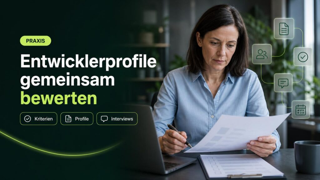 Eine Frau vergleicht Entwicklerprofile am Arbeitsplatz anhand einer Checkliste; Symbole für Dokumente, Prüfung, Team, Gespräch und Termin ergänzen die Szene.