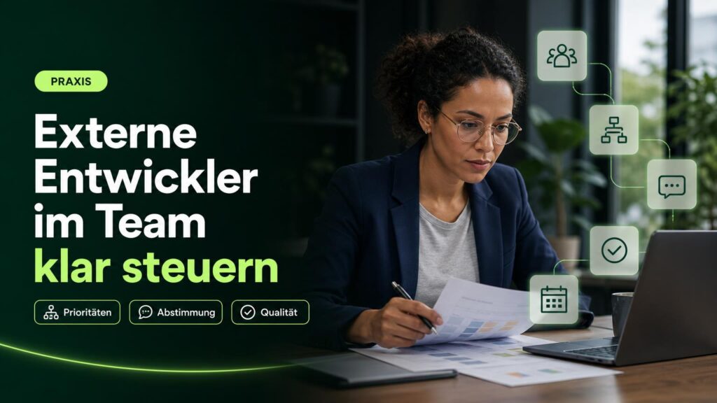 Eine IT-Leiterin plant am Arbeitsplatz die Zusammenarbeit mit externen Entwicklern; Symbole stehen für Team, Prioritäten, Abstimmung, Qualität und Laufzeit.