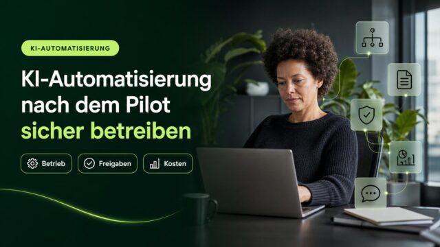 Eine Operations-Managerin prüft am Arbeitsplatz ein Angebot zur KI-Automatisierung; Symbole stehen für Ablauf, Dokumentation, Zugänge, Kosten und Abstimmung.