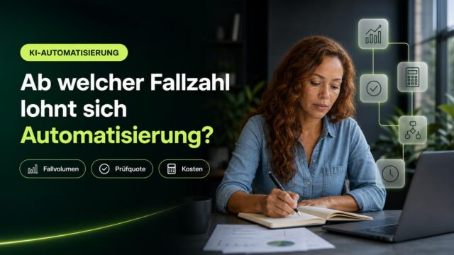 Eine Operations-Managerin prüft Fallvolumen und Kostenmodell am Arbeitsplatz; Symbole zeigen Prüfquote, Zeit und Automatisierung.
