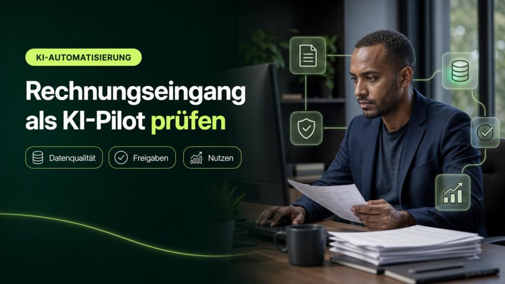 Eine Person prüft am Arbeitsplatz eine Rechnung; Symbole für Dokumente, Daten, Freigabe, Schutz und Auswertung begleiten die Szene.