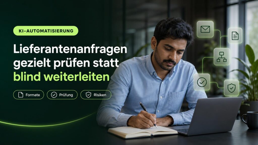 Eine Einkäuferin prüft am Arbeitsplatz die Zuordnung von Lieferanten-E-Mails; Symbole stehen für Nachrichten, Formate, Ablauf, Prüfung und Risiken.