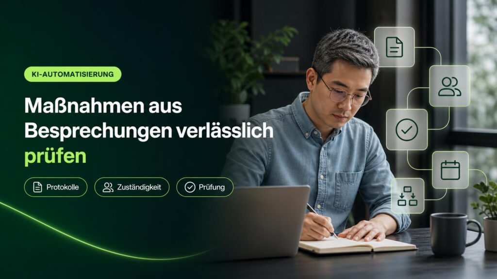 Eine Mitarbeiterin prüft Besprechungsnotizen am Arbeitsplatz; Symbole stehen für Protokolle, Zuständigkeiten und die Kontrolle von Maßnahmen.