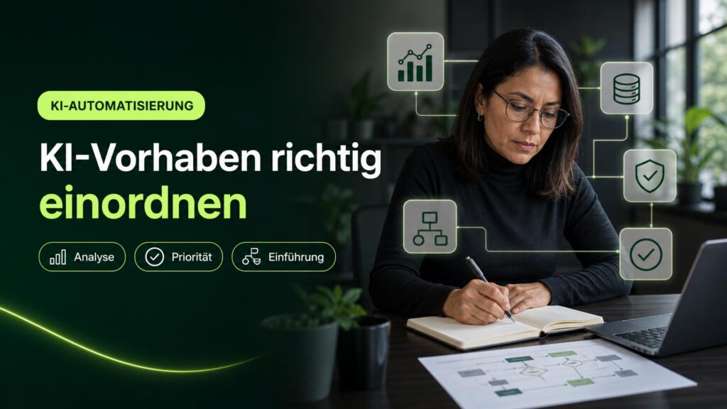 Eine Führungskraft prüft am Arbeitsplatz Prozessnotizen und eine Entscheidungsgrafik; Symbole stehen für Analyse, Daten, Risiko und Einführung.