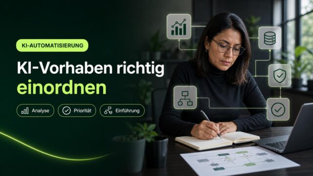Eine Führungskraft prüft am Arbeitsplatz Prozessnotizen und eine Entscheidungsgrafik; Symbole stehen für Analyse, Daten, Risiko und Einführung.