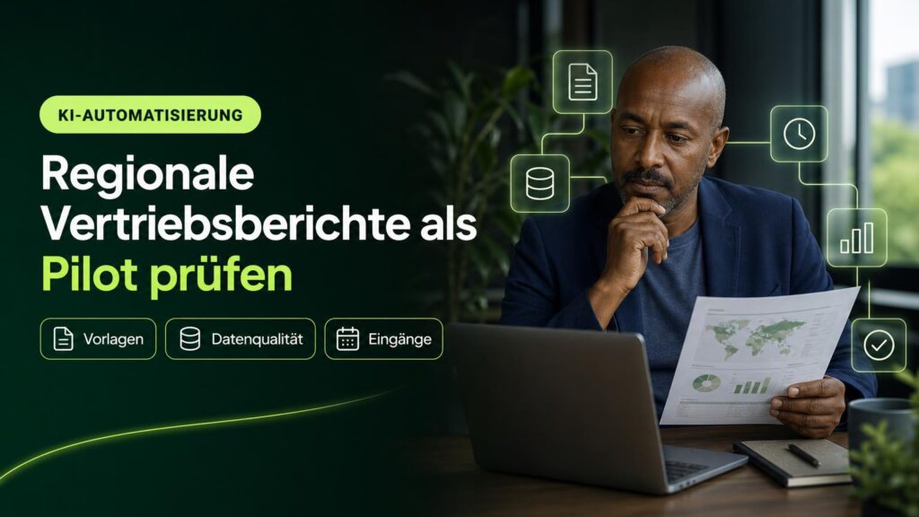 Eine Mitarbeiterin vergleicht regionale Vertriebsberichte; Symbole für Dokumente, Daten, Zeit, Auswertung und Prüfung begleiten die Szene.