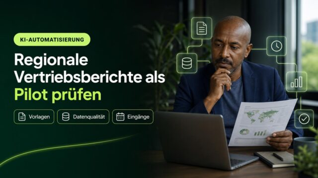 Eine Mitarbeiterin vergleicht regionale Vertriebsberichte; Symbole für Dokumente, Daten, Zeit, Auswertung und Prüfung begleiten die Szene.