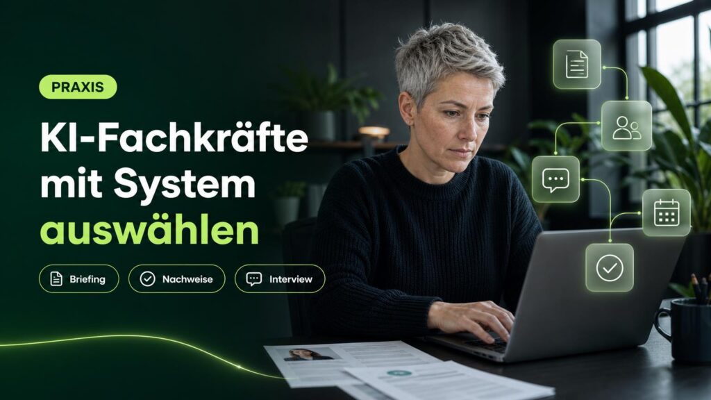 Eine IT-Verantwortliche prüft am Arbeitsplatz ein Projektbriefing und Fachprofile; Symbole für Dokument, Team, Gespräch, Termin und Prüfung ergänzen die Szene.