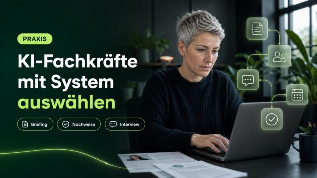 Eine IT-Verantwortliche prüft am Arbeitsplatz ein Projektbriefing und Fachprofile; Symbole für Dokument, Team, Gespräch, Termin und Prüfung ergänzen die Szene.