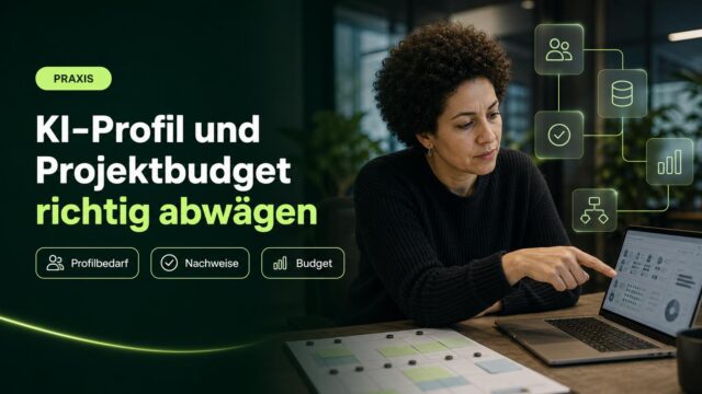 IT-Leiterin prüft am Arbeitsplatz Projektumfang und Profile; Symbole für Team, Daten, Prüfung, Budget und Ablauf ergänzen die Szene.