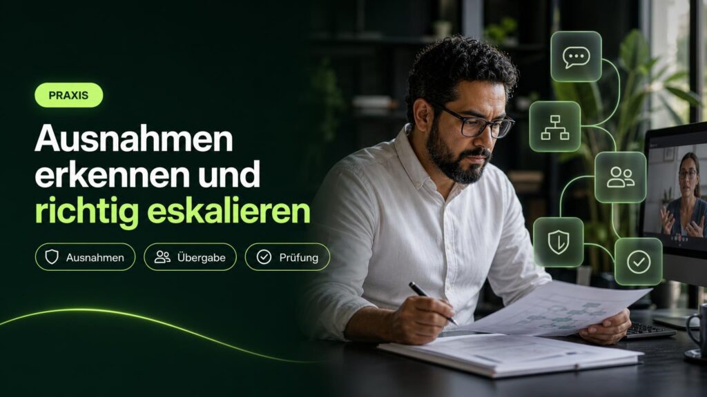 Eine Mitarbeiterin prüft am Arbeitsplatz einen Ablauf für Kundenanfragen; Symbole stehen für Nachrichten, Ausnahmen, Übergabe und Prüfung.