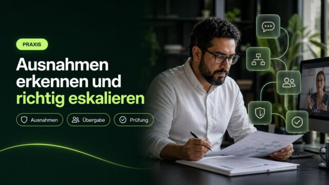 Eine Mitarbeiterin prüft am Arbeitsplatz einen Ablauf für Kundenanfragen; Symbole stehen für Nachrichten, Ausnahmen, Übergabe und Prüfung.