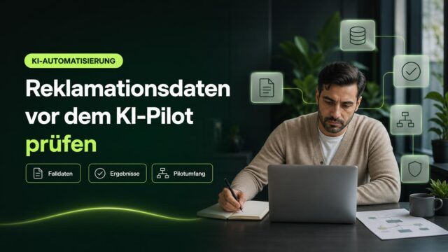 Eine Person prüft am Arbeitsplatz Reklamationsfälle und Ergebnisse; Symbole für Datenbank, Dokument, Prüfung, Ablauf und Schutz ergänzen die Szene.
