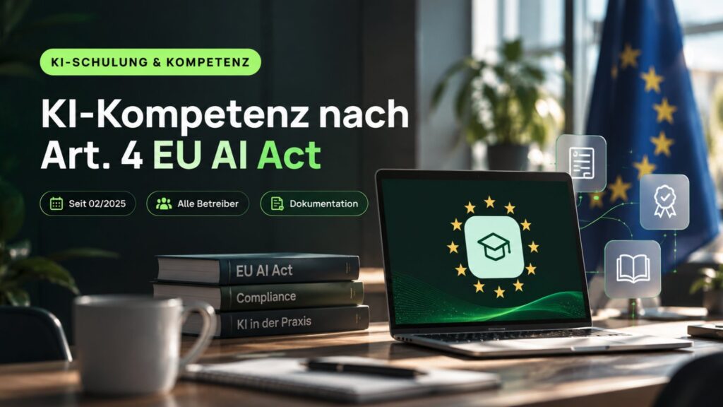 Laptop mit EU-Sternenkreis und Schulungssymbol neben Büchern zu EU AI Act und Compliance – KI-Kompetenz nach Artikel 4 EU AI Act