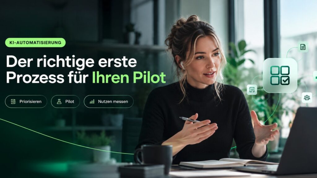 Eine Frau erklärt am Laptop, wie der erste Prozess für einen Automatisierungs-Pilot ausgewählt wird – Priorisieren, Pilot, Nutzen messen