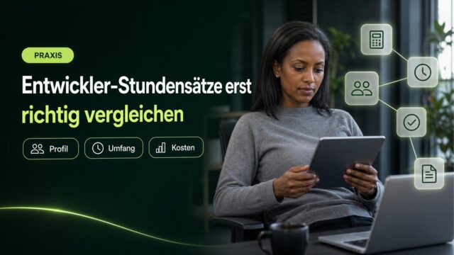 Eine IT-Leiterin vergleicht Entwicklerangebote am Arbeitsplatz; Symbole für Kosten, Zeit, Profile und Prüfung ergänzen die Szene.