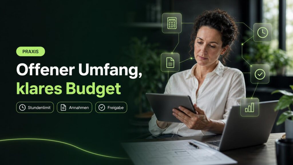Eine IT-Verantwortliche prüft am Arbeitsplatz die Budgetplanung für ein Softwareprojekt; Symbole für Stunden, Annahmen und Freigaben ergänzen die Szene.