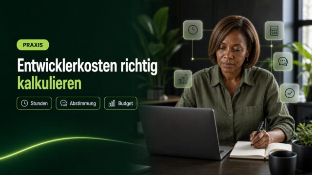 Eine Mitarbeiterin prüft am Arbeitsplatz ein Projektbudget; Symbole für Zeit, Berechnung, Abstimmung und Kosten ergänzen die Szene.