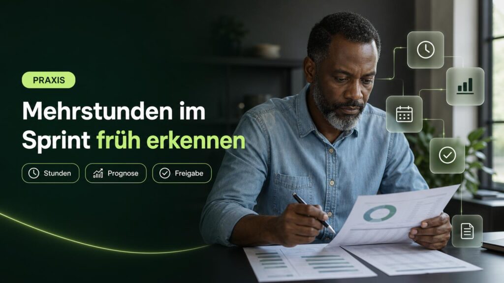Eine Verantwortliche prüft am Arbeitsplatz Sprintstunden und Budget; Uhr-, Diagramm-, Kalender-, Haken- und Dokumentsymbole zeigen die Kontrollschritte.